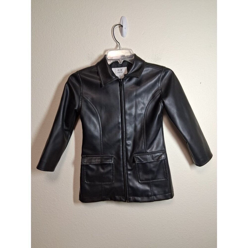 VTG B.B. Collections Faux Leather Jacket Y2K Full Zip Lined Black Girls Size 6X